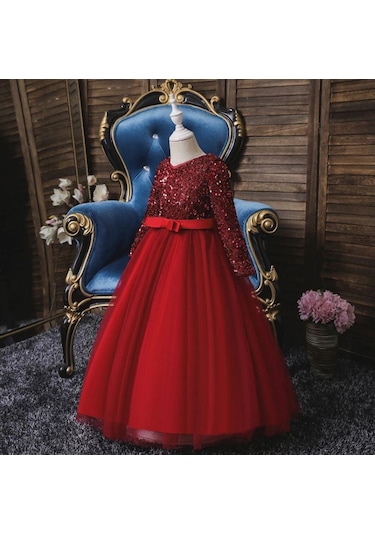 Mashotrend Kırmızı Zara Payetli Çocuk Abiye - Kız Çocuk Elbise Kırmızı