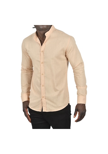 Deepsea Erkek Bej Hakim Yaka Flamlı Keten Gömlek Bej