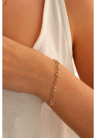 Moom Mücevherat 14 Ayar Altın Dorika Toplu Altın Bileklik Renkli Toplar Üç Sıra Çok Renkli