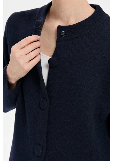 Desen Triko Kadın Dik Yaka Cebi İşlemeli Uzun Yün Kaban 24012 Koyu Lacivert Koyu Lacivert