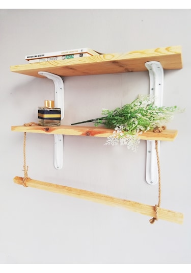Halatlı Ahşap Dekoratif Duvar Rafı 50x11 Cm, Metal Beyaz Ayaklı