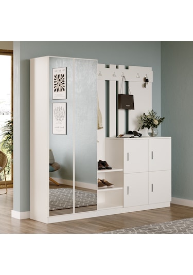 Robin Home Nova Aynalı Vestiyer Portmanto Ayakkabılık Beyaz