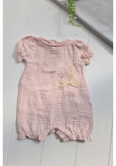 Müslin Kumaş Çiçek Nakışlı Pamuklu Kız Bebek Tulum Pembe