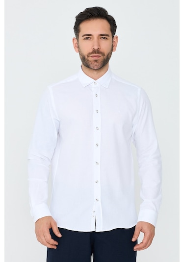 White Stone Beyaz %100 Pamuk Dynamic Fit Erkek Uzun Kollu Gömlek