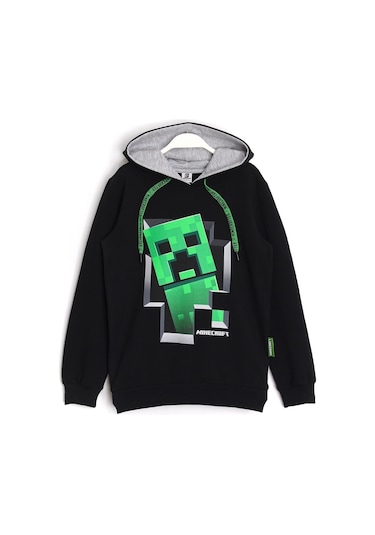 Minecraft Creeper Desenli Kapüşonlu Erkek Çocuk Hoodie 5 - 13 Yaş Siyah