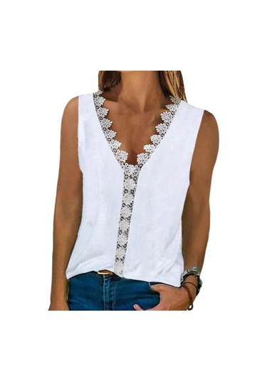 V Yaka Dantel Çiçek Baskı Yaz Bluzlar Kadın 2023 Kolsuz Rahat Gömlek Üstleri Kadın Moda Zarif T Gömlek Kadın Giyim 24858 Orion