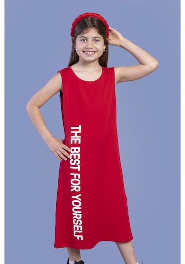 Toontoy Kız Çocuk İnci Detaylı Baskılı Elbise Kırmızı