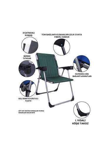 Alin Metal 2''li Lüks Bardaklı Kamp Sandalyesi Ve Masa Set Yeşil Yeşil