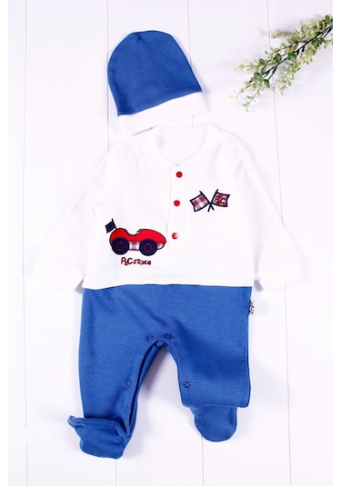 Baby Donat Cars Şapkalı Desenli Bebek Tulumu Mavi