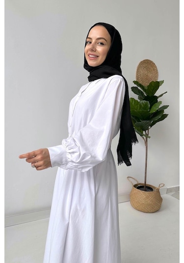 Manşetli Gömlek Elbise - Beyaz