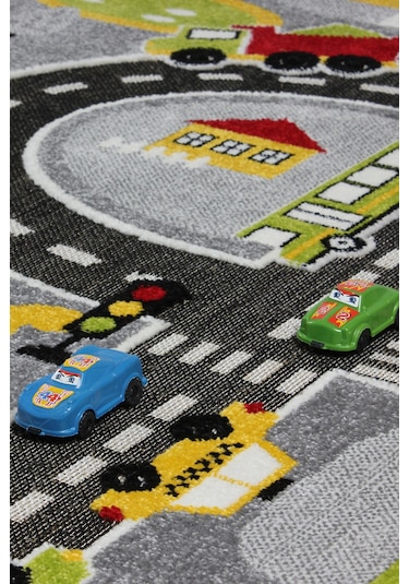 Konfor Halı 3 Boyutlu Gri Trafik Arabalı Ana Okulu Kreş Halısı Dokuma Çocuk Oyun Halısı