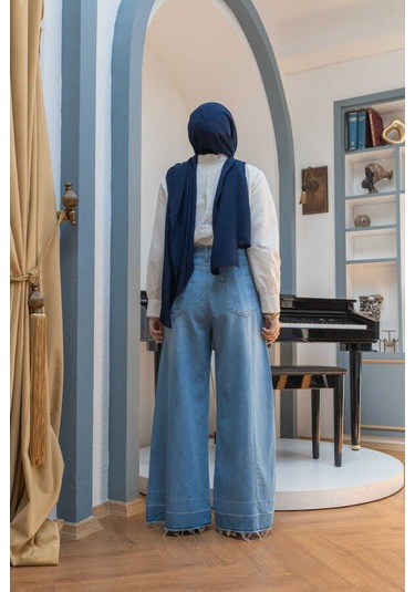 1166-parçalı Denim Bol Paça Pantolon Mavi Mavi