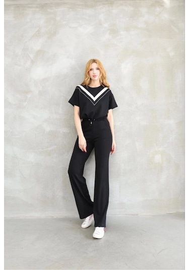 Modasize Osy Modal Yumuşak Dokulu Kumaş Bisiklet Yaka Parçalı Detaylı Kısa Kollu Takım - Siyah Siyah