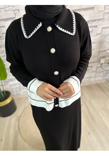 İnci Düğme Detaylı Triko İkili Takım Siyah Beyaz Siyah - Beyaz