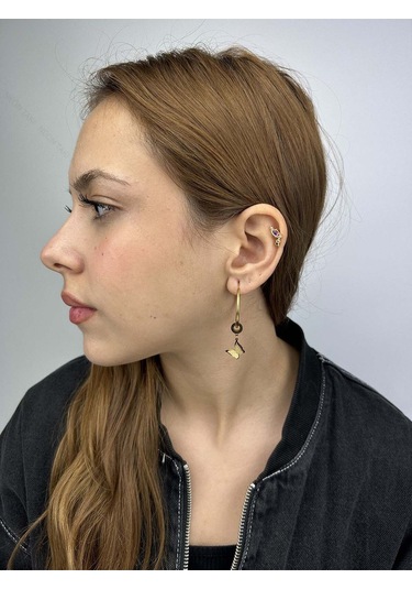 Sallantılı Kelebek Figürlü, Paslanmaz Çelik Küpe 45, Altın Renk Altın