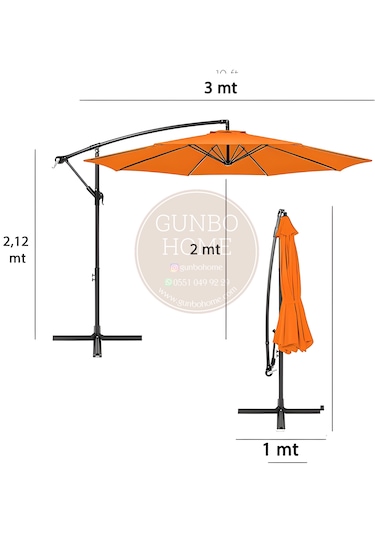Gunbo Home 3 Mt 8 Kaburga Full Demir 21 Kg Turuncu Bahçe Şemsiyes