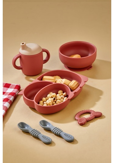 5'li Silikon Set / Bölmeli Mama Tabağı / Kase / Bardak / Diş Kaşıyıcı / Mama Kaşığı - Kiremit Rengi Kiremit