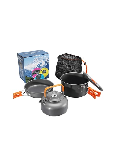 Tcherchi 3 Parça Set Kamp Tencere Seti Açık Pişirme Seti Su Isıtıcısı Tava Pot Sofra Ekipmanları Siyah - Turuncu Siyah