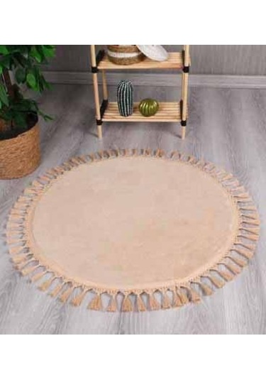 Modern Dekoratif Yuvarlak Puffy Peluş Ponpon Saçaklı Salon Oturma Odası Halısı Bej