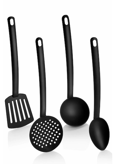 4 Parça Yanmaz Yapışmaz Teflon Kaplama Servis Seti Kepçe Kevgir Spatula Kaşık Plastik Servis Takımı