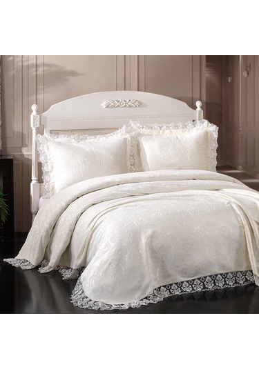 Birhome Violet Dantelli Çift Kişilik Yatak Örtüsü Takımı Krem