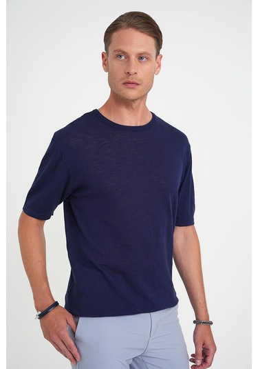 Comfort Fit Bisiklet Yaka Kısa Kol Spor Lacivert Triko Tr 881 Lacivert