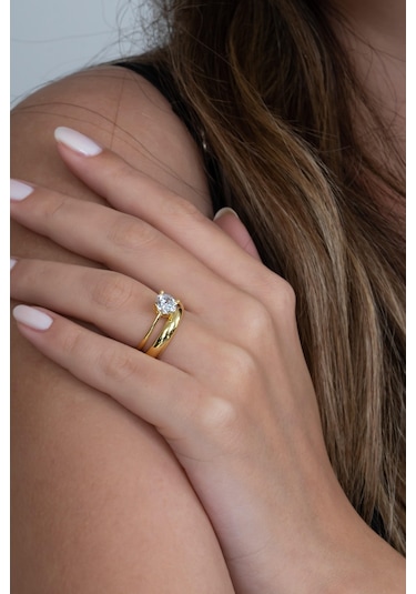 Takı Dükkanı Gold Renk 4mm Gümüş Alyans Ve Gümüş Tektaş Yüzük Seti Wsr120