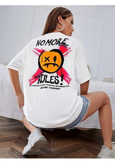 Kadın Beyaz Oversize No More Rules Baskılı Örme T-shirt Beyaz
