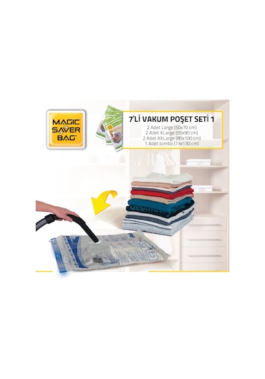Magic Saver Bag 7'Li Vakumlu Poşet Seti 2 L+2 Xl+ 2 Xxl+1Jumbo