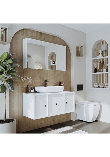 Lavabolu Mat Mdf 105 Cm Çekmeceli Banyo Dolabı + Aynalı Dolap Mat Beyaz