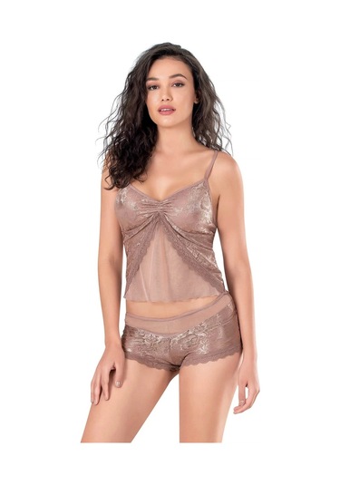 Vizon Jakarlı Babydoll Şort Takımı Vizon