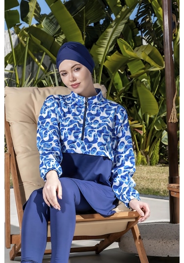 Mayom Tam Kapalı Crop Model Mavi Desenli Tesettür Mayo - 2525 Lacivert-mavi