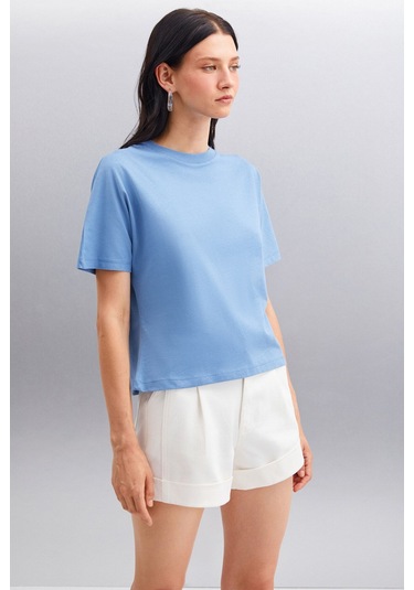 GRIMELANGE Lottıe Kadın %100 Organik Pamuklu Regular Kalıp Bisiklet Yaka Basic Kısa Kollu Indigo T-shirt Indigo