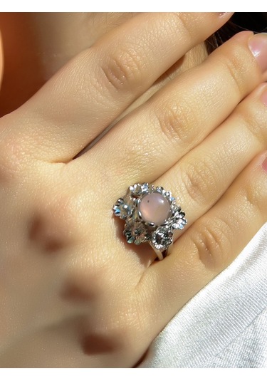 Esha Store Doğal Taş Pembe Kuvars Doğal Taşlı Çiçek Model Telkari Kadın Ayarlanabilir Gümüş Kaplama Yüzük Euy61 Pembe