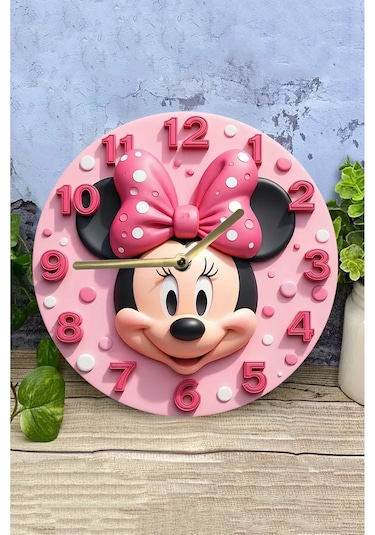 Minnie Mouse Temalı Pembe Mdf Duvar Saati 3d Görünümlü, Sessiz Mekanizmalı, 2d Hd Baskı Sdw235 Renkli