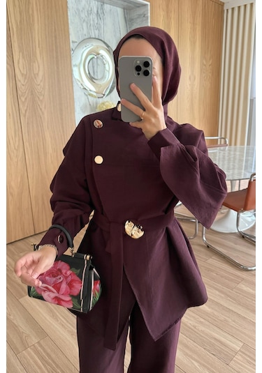 Kahijab Omuz Düğmeli Trenç Takım - Bordo Bordo