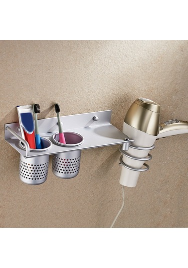 Moveevo Çok Amaçlı Alüminyum Düz Tutucu Stand Raf Depolama Düzenleyici Duvara Monte Saç Kurutma Makinesi 2 Bardaklı Banyo