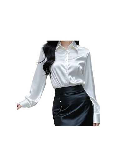 Kadın Gömlek Düz Renk Pürüzsüz Saten Uzun Kollu Yaka Rahat Üstler Tek Göğüslü Fransız Tarzı Ofis Gömlek Beyaz