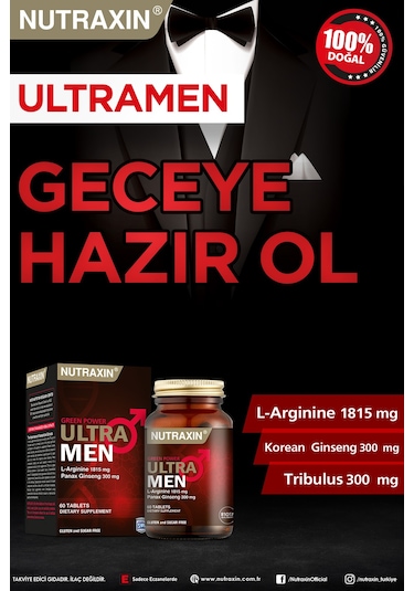 Nutraxin Ultra Men 60 Tablet - L-Arjinin, Ginseng, Zencefil, Demir dikeni, Tarçın