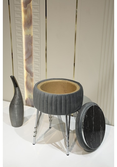 Bianco Metal Ayaklı Sehpalı Puf Krom Antrasit Gri Chrome Anthracite Gray