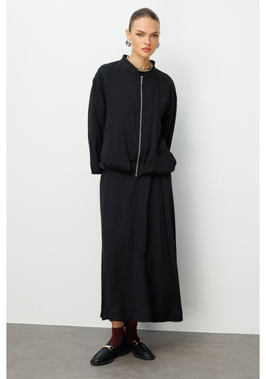 Mizalle Modal Karışımlı Siyah Beli Lastikli Maksi Etek Siyah