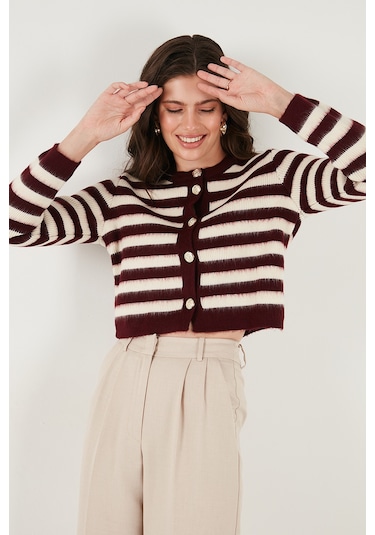Lela Çizgili Oversize Fit Bisiklet Yaka Düğmeli Crop Triko Bayan Hırka 4615567 Bordo