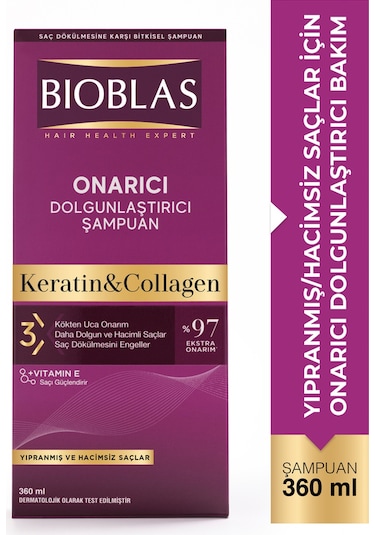 Bioblas Keratin & Kolajen Onarıcı Dolgunlaştırıcı Saç Bakım Şampuanı 360 Ml İnce ve Yıpranmış Saçlar