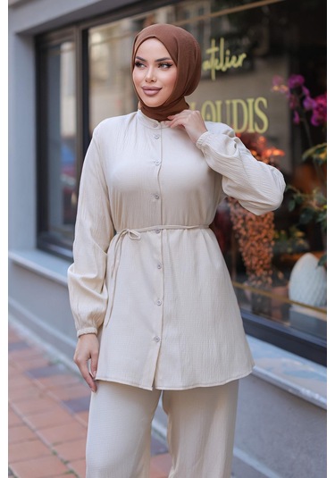 Hakim Yaka Detaylı Tesettür Bej Takım Bej