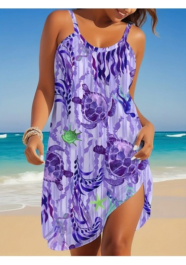 Kadın Askılı Yuvarlak Yaka Kaplumbağa Desenli Süprem Elbise Mor