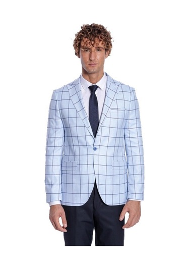 Kare Desenli Slim Fit Açık Mavi Erkek Ceket 001