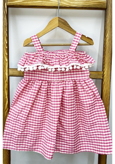 Kız Çocuk Askılı Elbise Dantelli Ekose Desenli B14 Pembe
