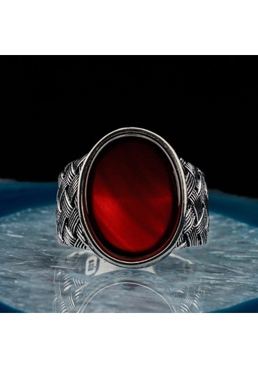925 Ayar Gümüş Oval Kırmızı Akik Taşlı Örgü Desenli Erkek Yüzük - 554220170