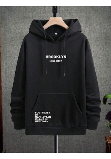 Kapüşonlu Oversize Sweatshirt Siyah Brooklyn Newyork Siyah