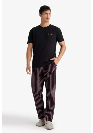 Defacto Pijama Takımı Regular Fit Kısa Kollu Üst Çizgili Uzun Alt F4884ax25aubk81 Siyah